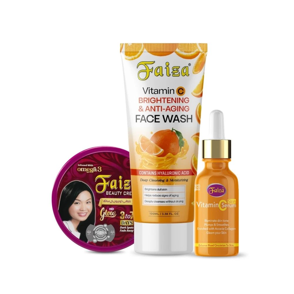 Faiza 3-piece skincare set containing Vitamin C Brightening and Anti-Aging Face Wash tube, Vitamin C Skin Serum dropper bottle, and Faiza Beauty Cream tub for an HD glow