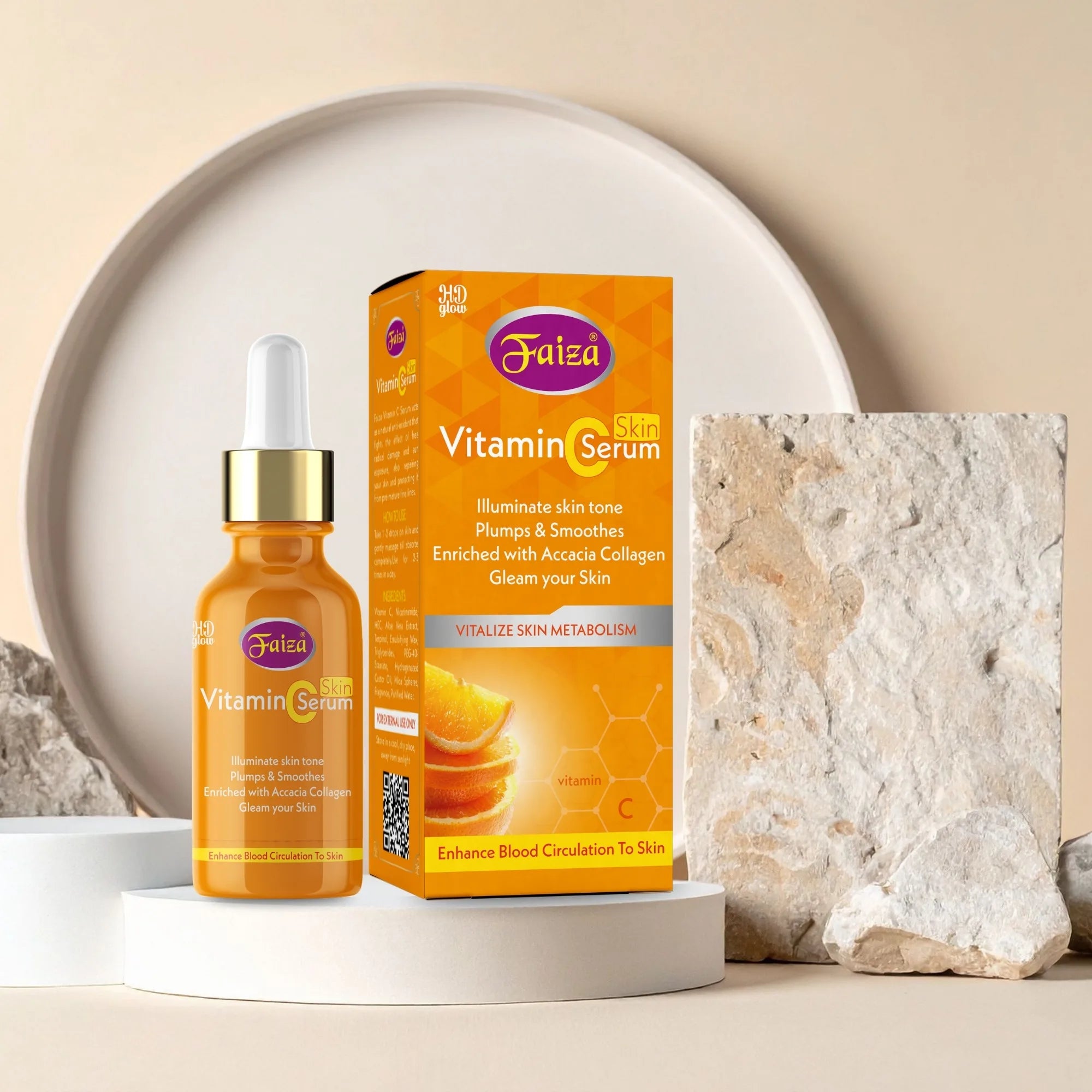 Faiza Vitamin C Skin Serum bottle and box on rocks, showing it vitalizes skin metabolism and gleams your skin.