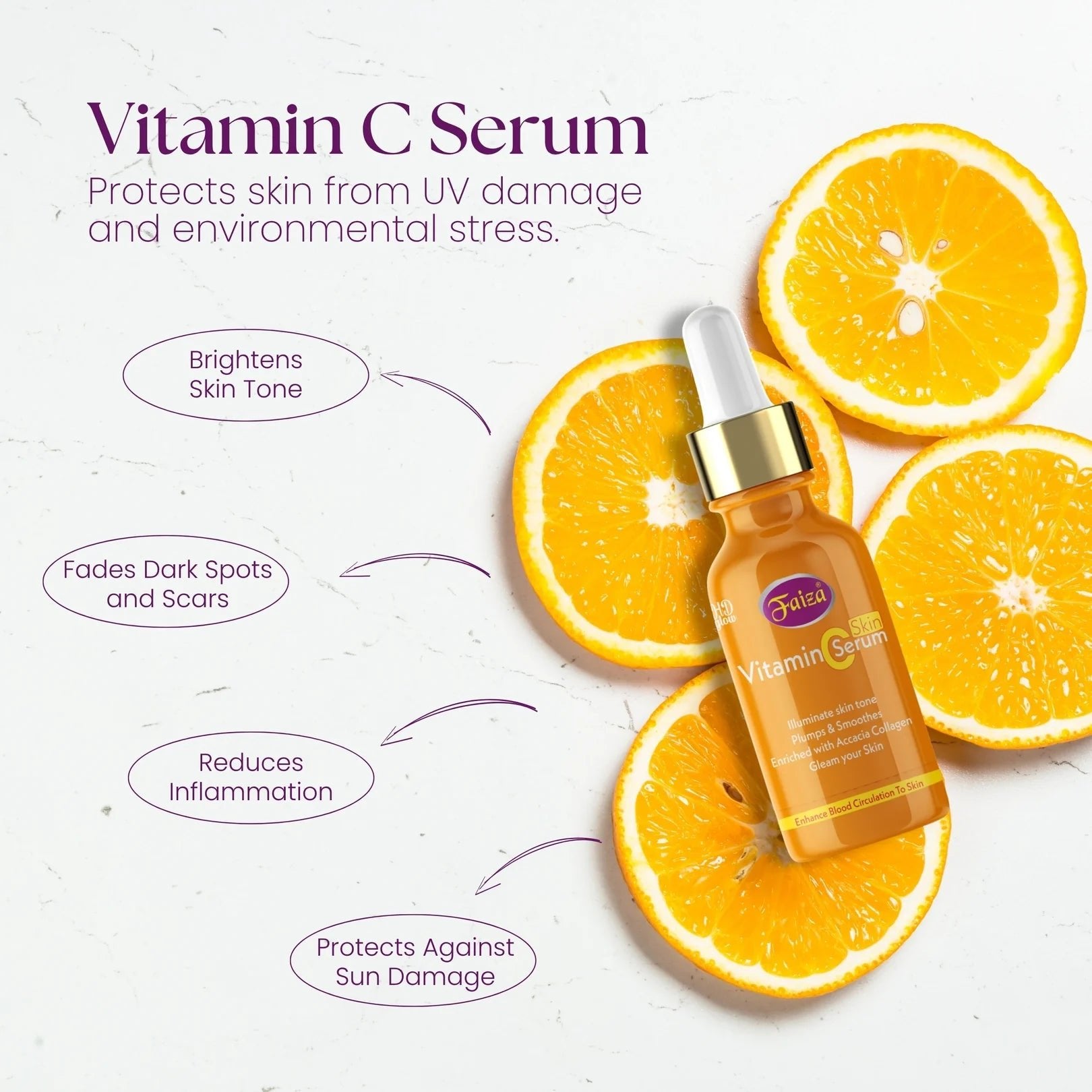 Faiza Cosmetics Vitamin C Serum, fades dark spots and scars, collagen boost, UV protection, anti-pollution, rejuvenating serum, even skin tone