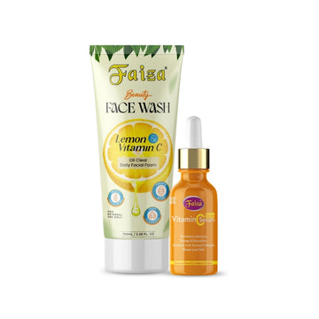 Faiza Lemon and Vitamin C Beauty Face Wash tube next to a orange Vitamin C Skin Serum dropper bottle, featuring oil clear daily facial foam for deep cleansing
