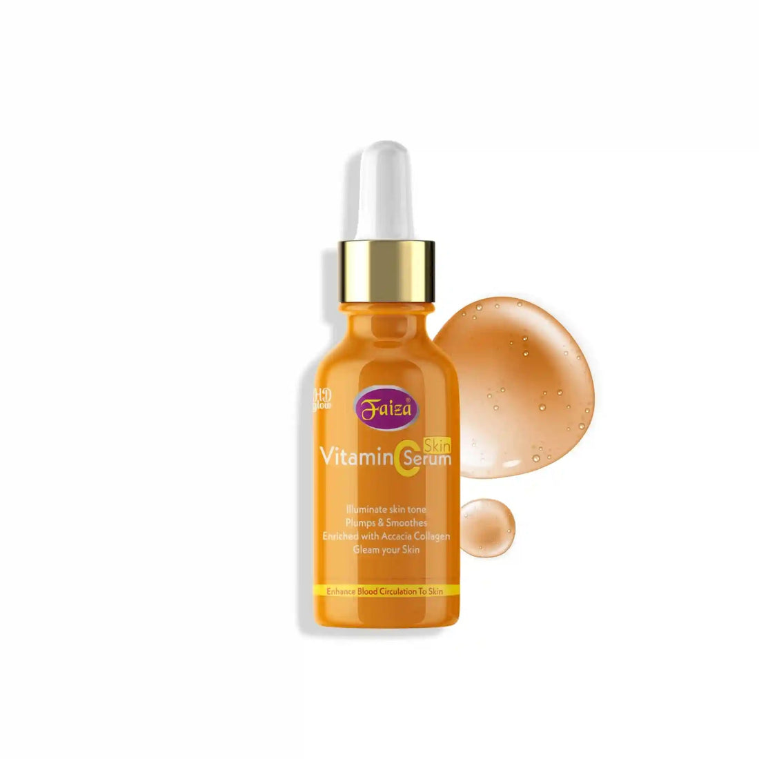 Faiza brightening Vitamin C face serum with acacia collagen benefits. A moisturizing skincare dropper bottle designed to enhance blood circulation and gleam your skin