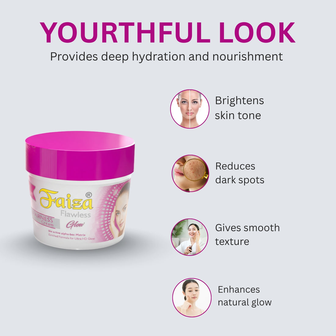 Faiza Flawless Glow cream jar with pink lid and pink cream smear on a white background