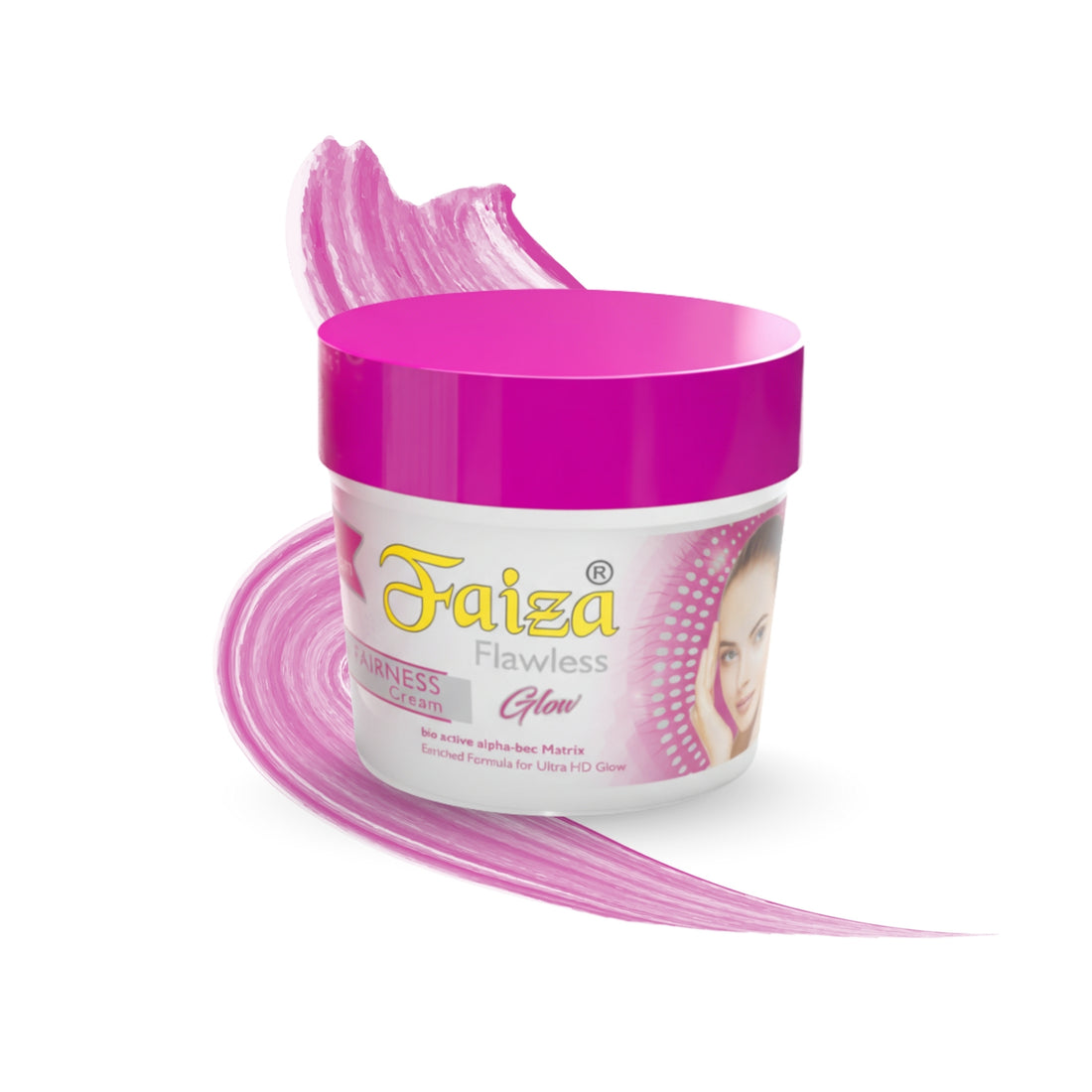 Faiza Flawless Glow cream jar with pink lid and pink cream smear on a white background