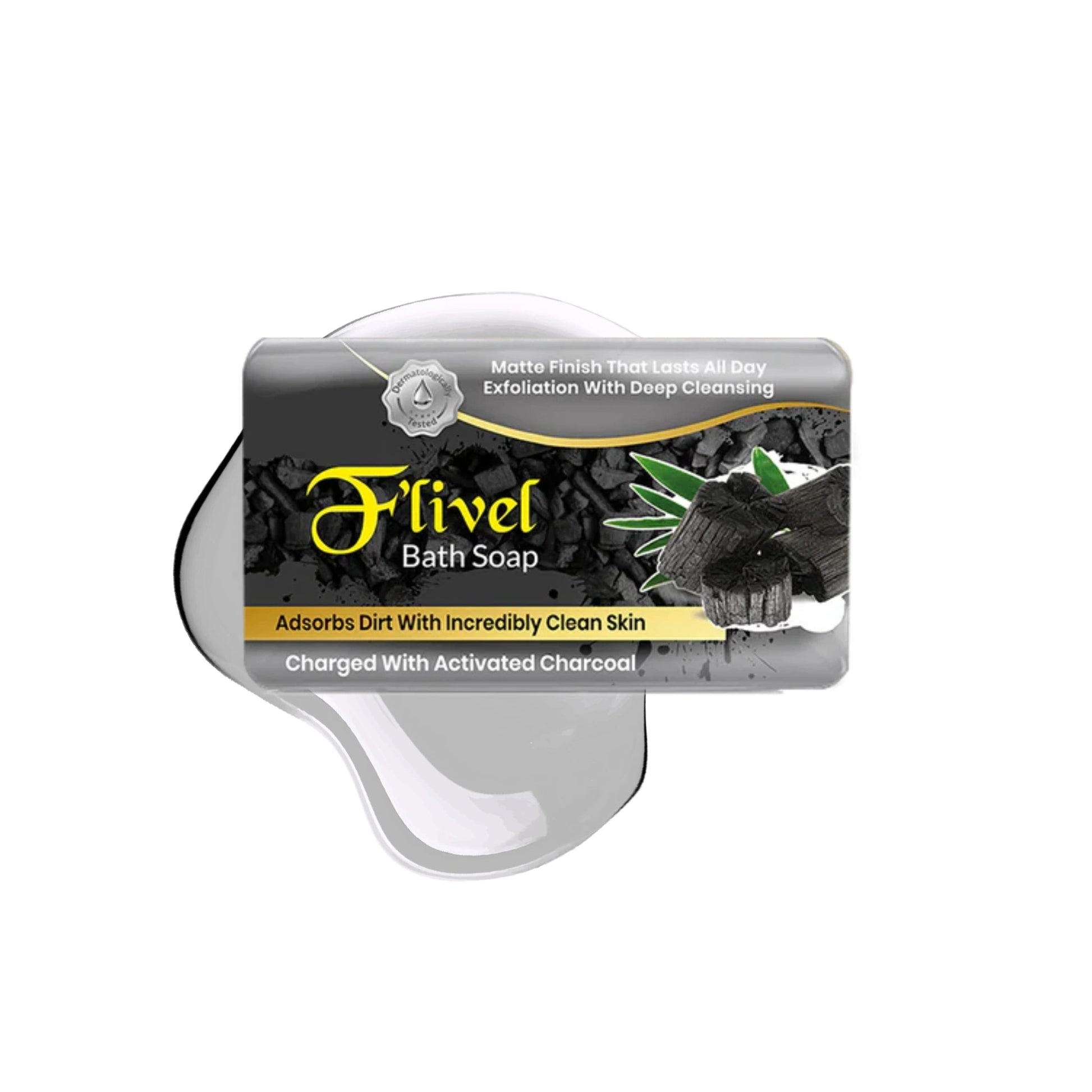 F'livel Bath Soap bar charged with activated charcoal packaging, displayed over a grey liquid splash with illustrations of charcoal chunks and green leaves for deep cleansing and exfoliation