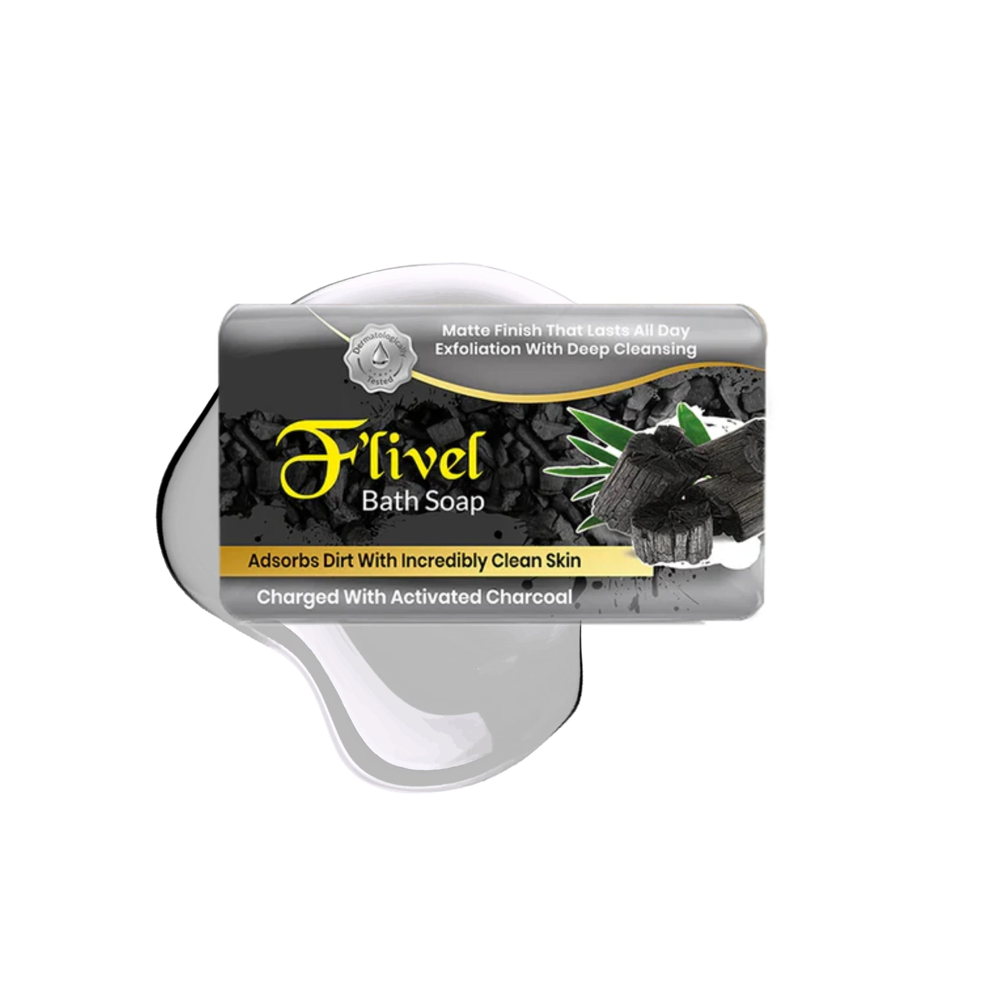 F'livel Bath Soap bar charged with activated charcoal packaging, displayed over a grey liquid splash with illustrations of charcoal chunks and green leaves for deep cleansing and exfoliation