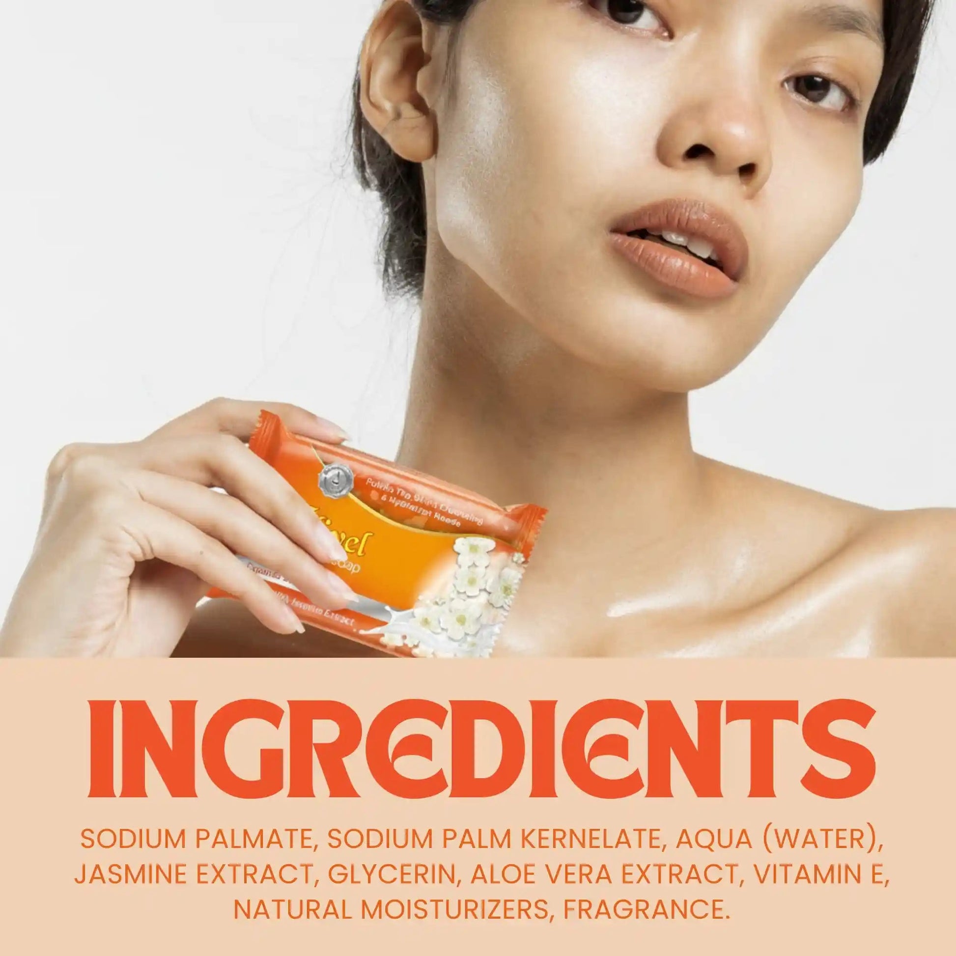South Asian model with dewy, glowing skin holding a bar of Flivel Jasmine Bath Soap, paired with a detailed list of natural ingredients including Aloe Vera, Vitamin E, and Glycerin.