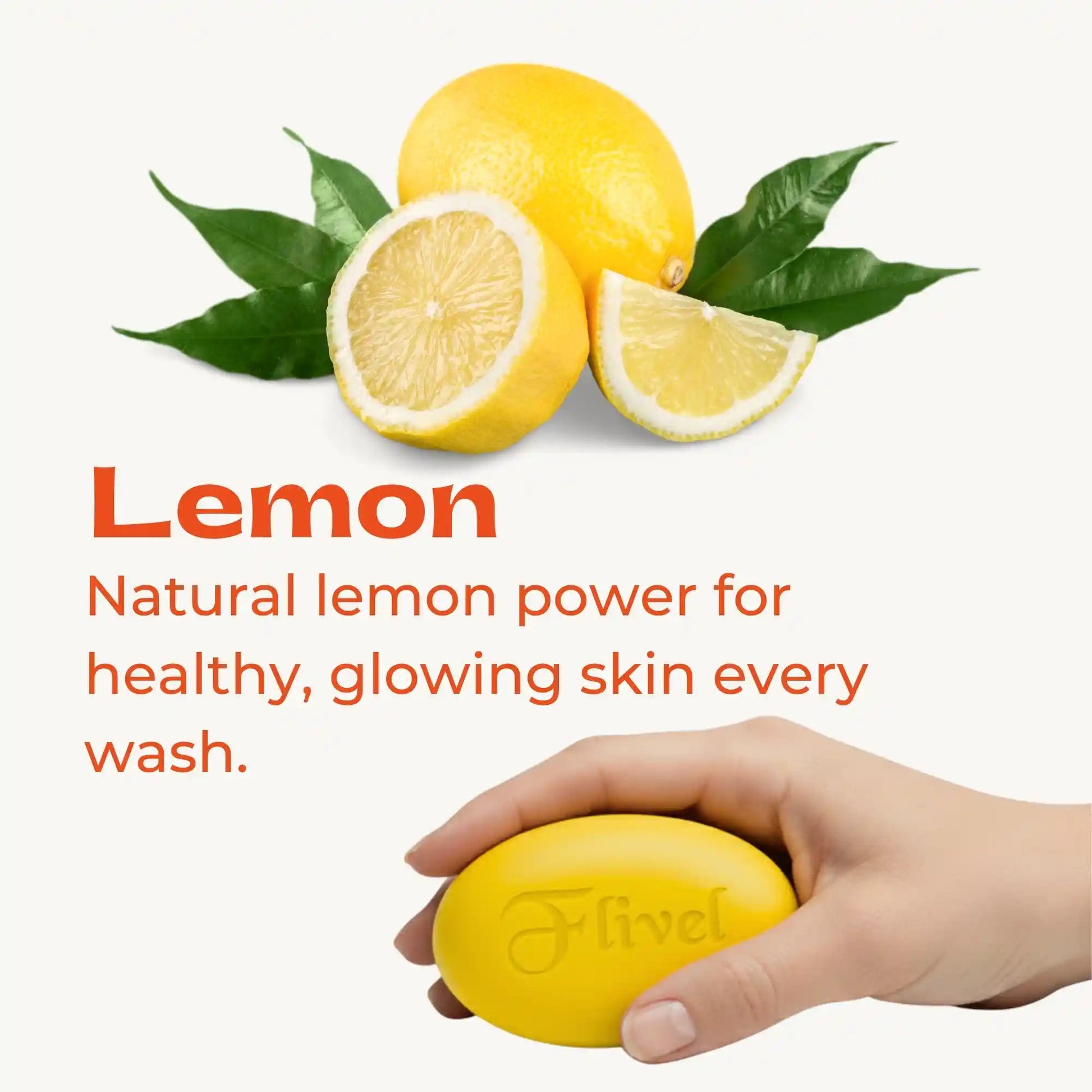 Flivel Lemon Bath Soap bar held in a hand, featuring natural lemon power text for healthy, glowing skin, topped with fresh sliced lemons and green leaves on a clean white background.