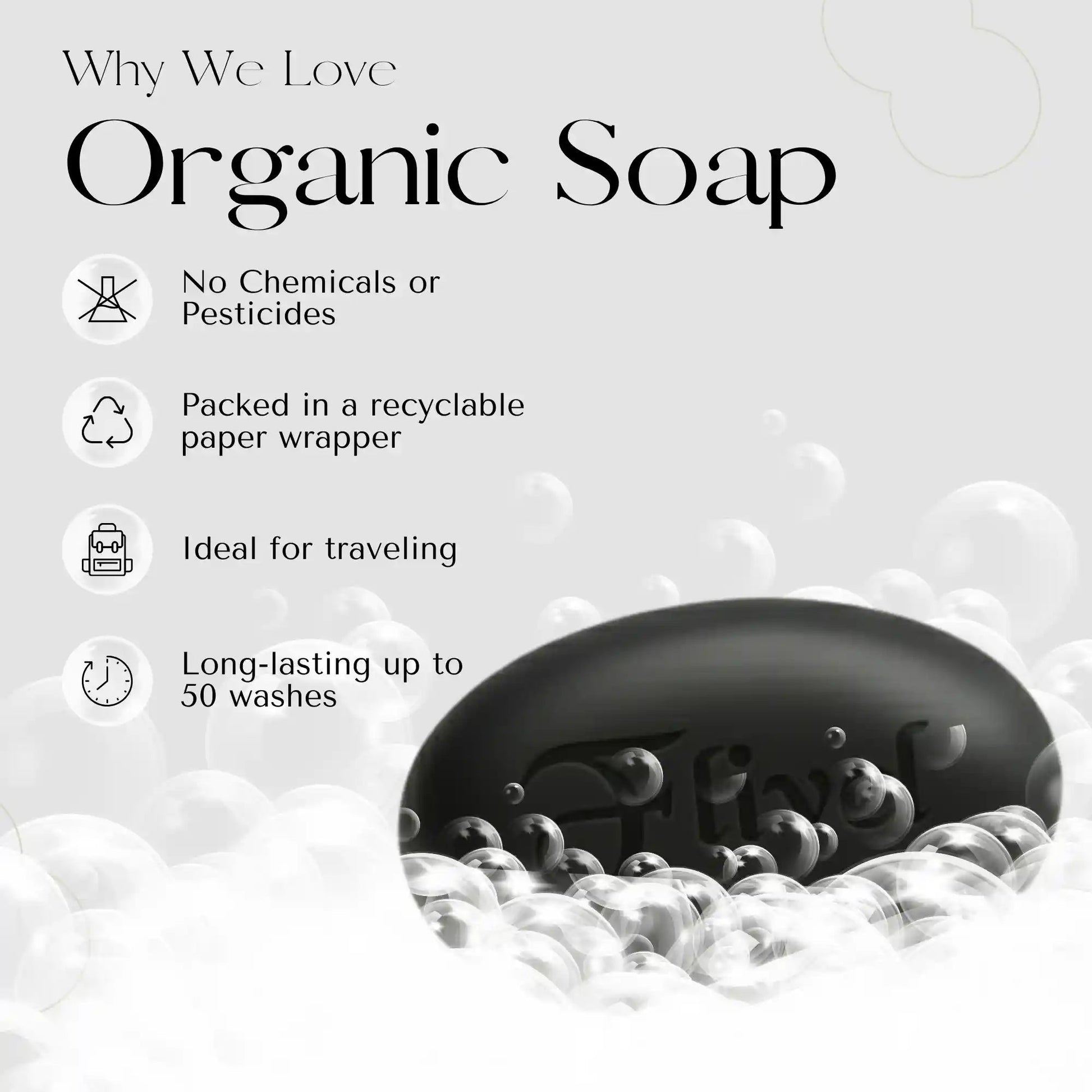 Flivel Organic Black Soap benefits infographic explaining why we love organic soap: made with no chemicals or pesticides, packed in a recyclable eco-friendly paper wrapper, ideal for traveling, and long-lasting up to 50 washes. Features a premium black soap bar resting in thick, cleansing white bubbles.
