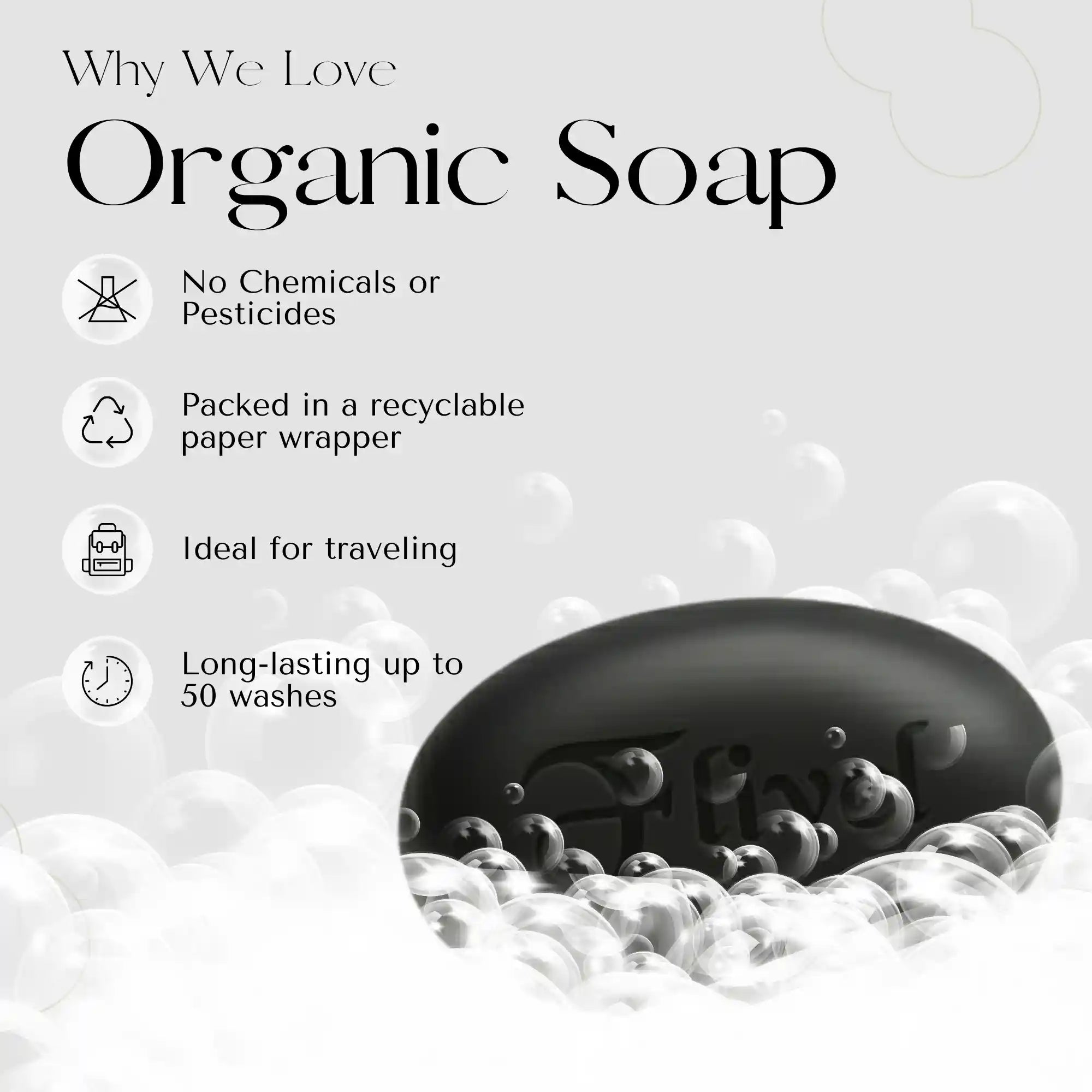 Flivel Organic Black Soap benefits infographic explaining why we love organic soap: made with no chemicals or pesticides, packed in a recyclable eco-friendly paper wrapper, ideal for traveling, and long-lasting up to 50 washes. Features a premium black soap bar resting in thick, cleansing white bubbles.