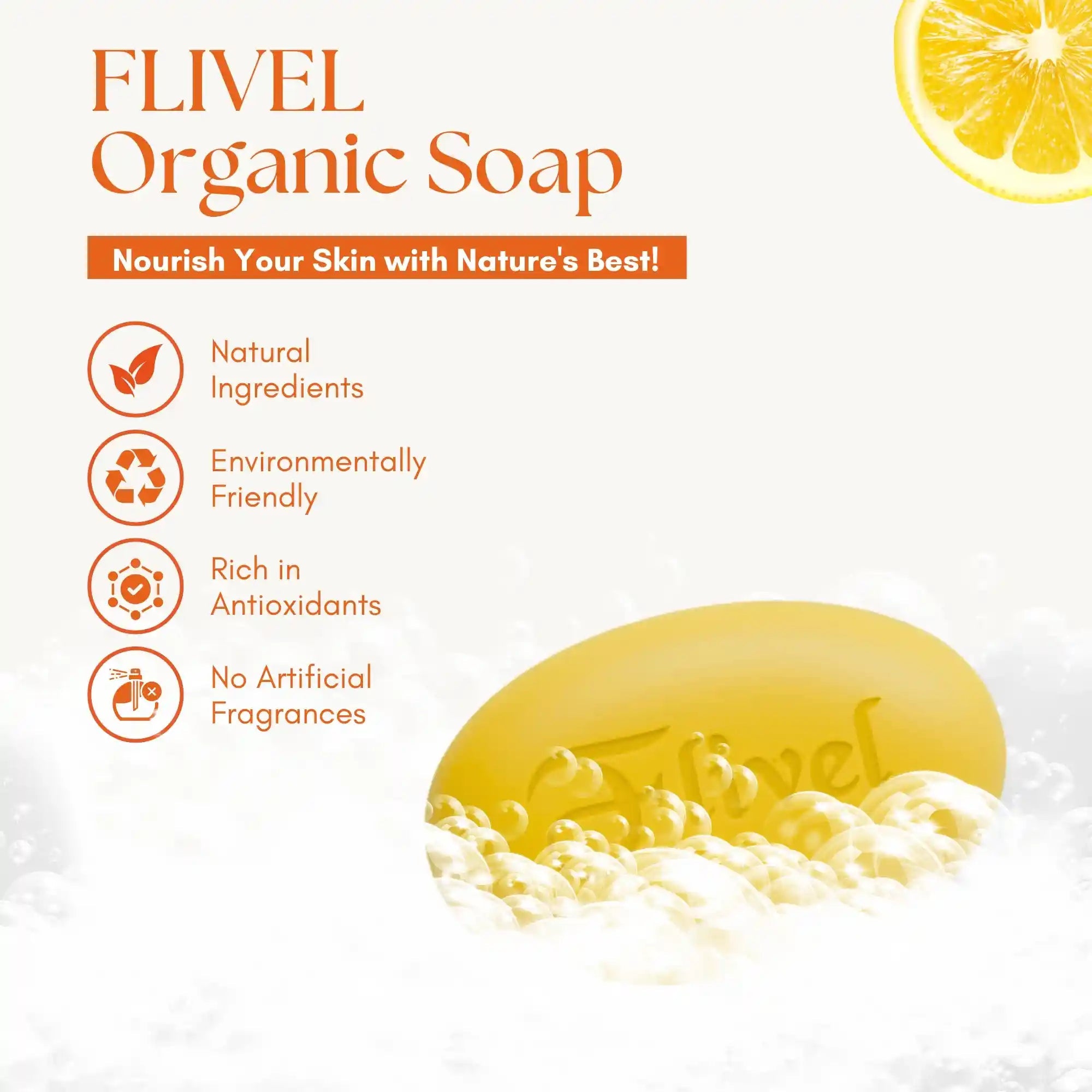 Flivel Organic Soap benefits infographic highlighting natural ingredients, environmentally friendly formula, rich in antioxidants, and no artificial fragrances. Features a yellow lemon soap bar nestled in rich white soap bubbles with a fresh lemon slice in the top corner.