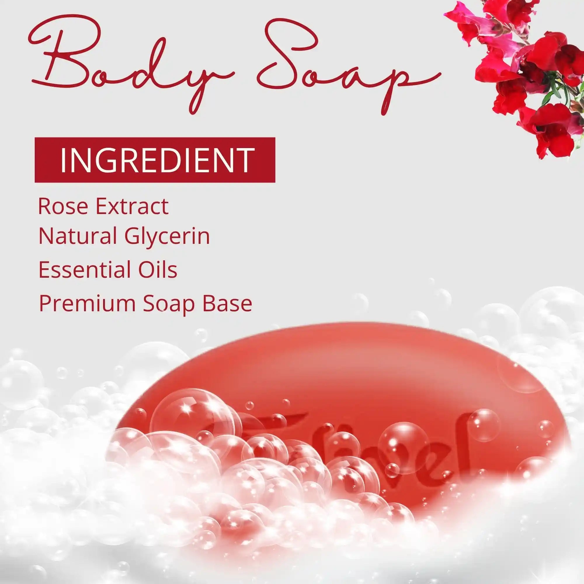Flivel Premium Body Soap ingredient graphic showcasing natural skin care elements: Rose Extract, Natural Glycerin, Essential Oils, and a Premium Soap Base. Features a red organic soap bar nested in thick moisturizing cleansing bubbles, decorated with fresh red flowers in the top corner.