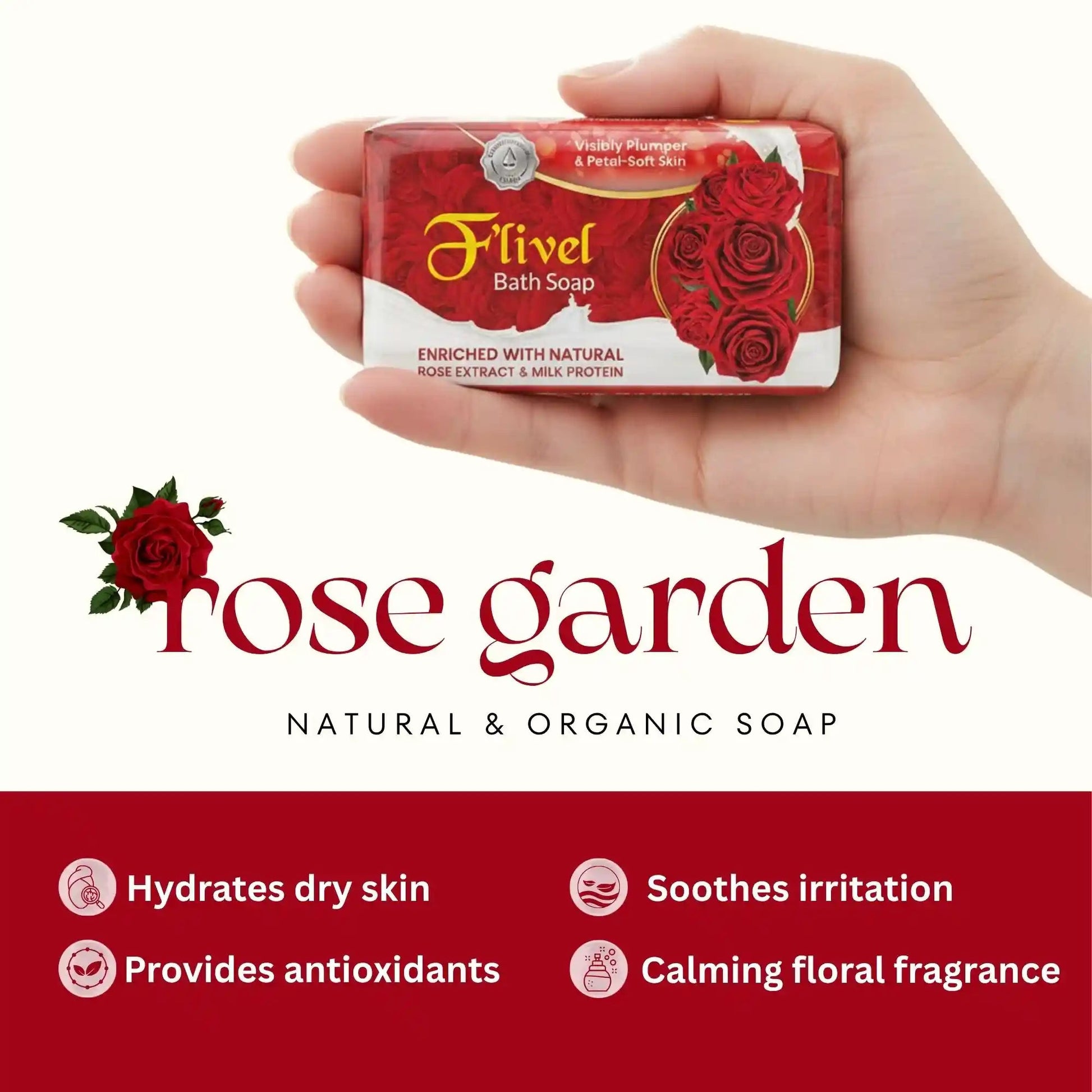 Flivel Rose Garden Natural and Organic Soap banner being held in a hand, showcasing dry skin hydration and soothing benefits. Enriched with natural rose extract and milk protein for visibly plumper, petal-soft skin with a calming floral fragrance and antioxidant protection.