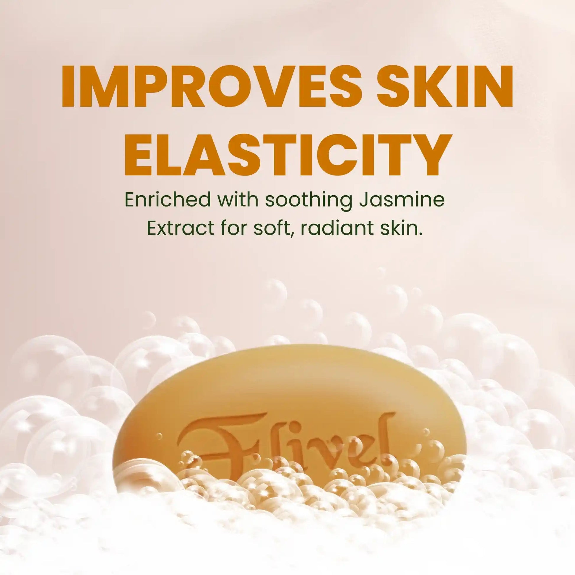 Promotional graphic for Flivel Jasmine Soap highlighting skin elasticity benefits, featuring the soap bar surrounded by rich lather bubbles on a soft peach gradient background.