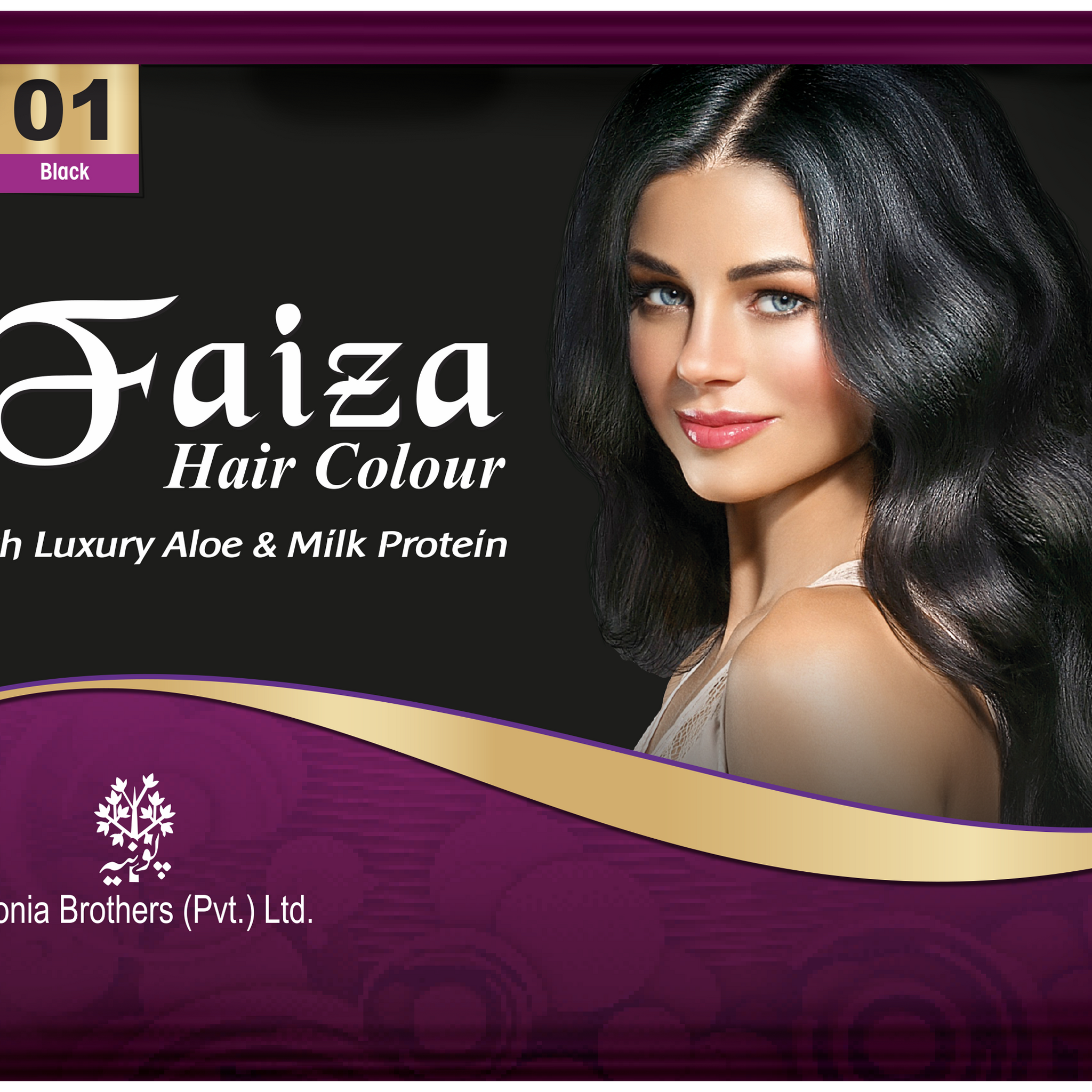 Faiza Hair Color Sachet Pack Black 01 – convenient single-use hair dye sachet in deep rich black shade, provides complete grey coverage, long lasting shine, and nourishing hair colour for silky smooth hair at home