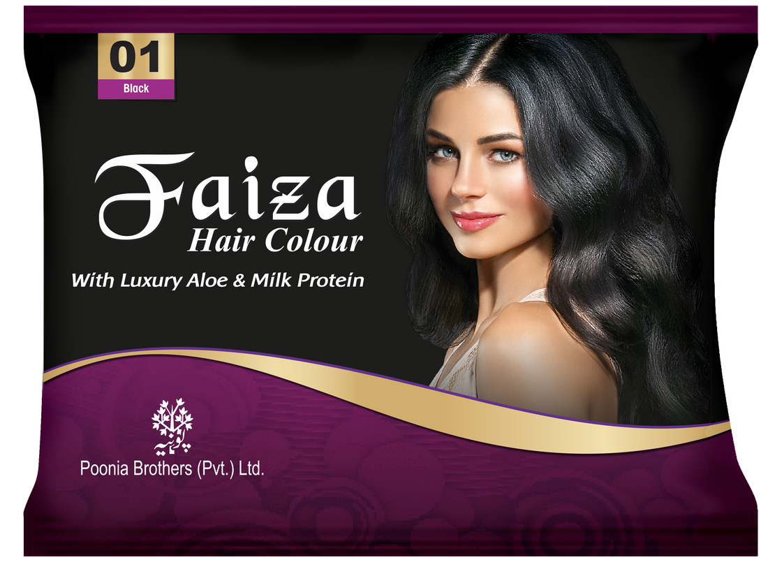 Faiza Hair Color Sachet Pack Black 01 – convenient single-use hair dye sachet in deep rich black shade, provides complete grey coverage, long lasting shine, and nourishing hair colour for silky smooth hair at home