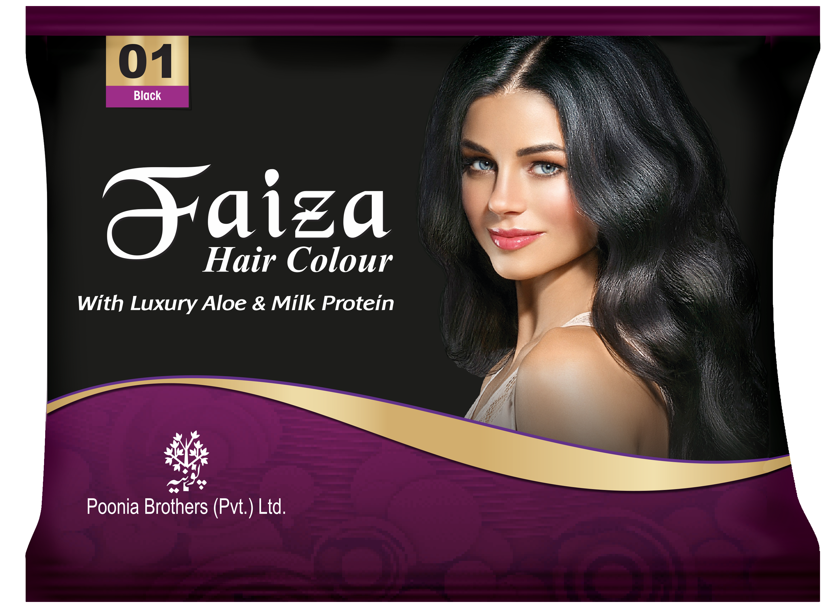 Faiza Hair Color Sachet Pack Black 01 – convenient single-use hair dye sachet in deep rich black shade, provides complete grey coverage, long lasting shine, and nourishing hair colour for silky smooth hair at home