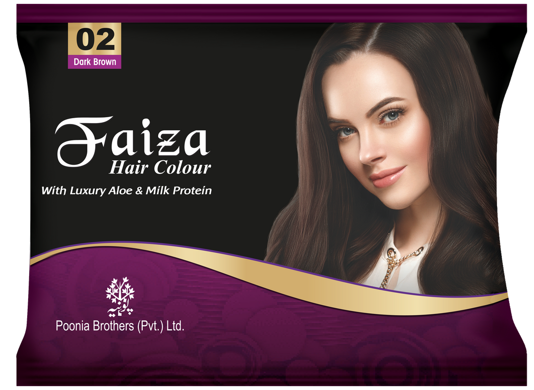 Faiza Hair Color Sachet Pack Dark Brown 02 – convenient single-use sachet hair dye in natural dark brown shade, provides complete grey coverage, long lasting shine, and nourishing professional-quality colour for silky smooth hair at home