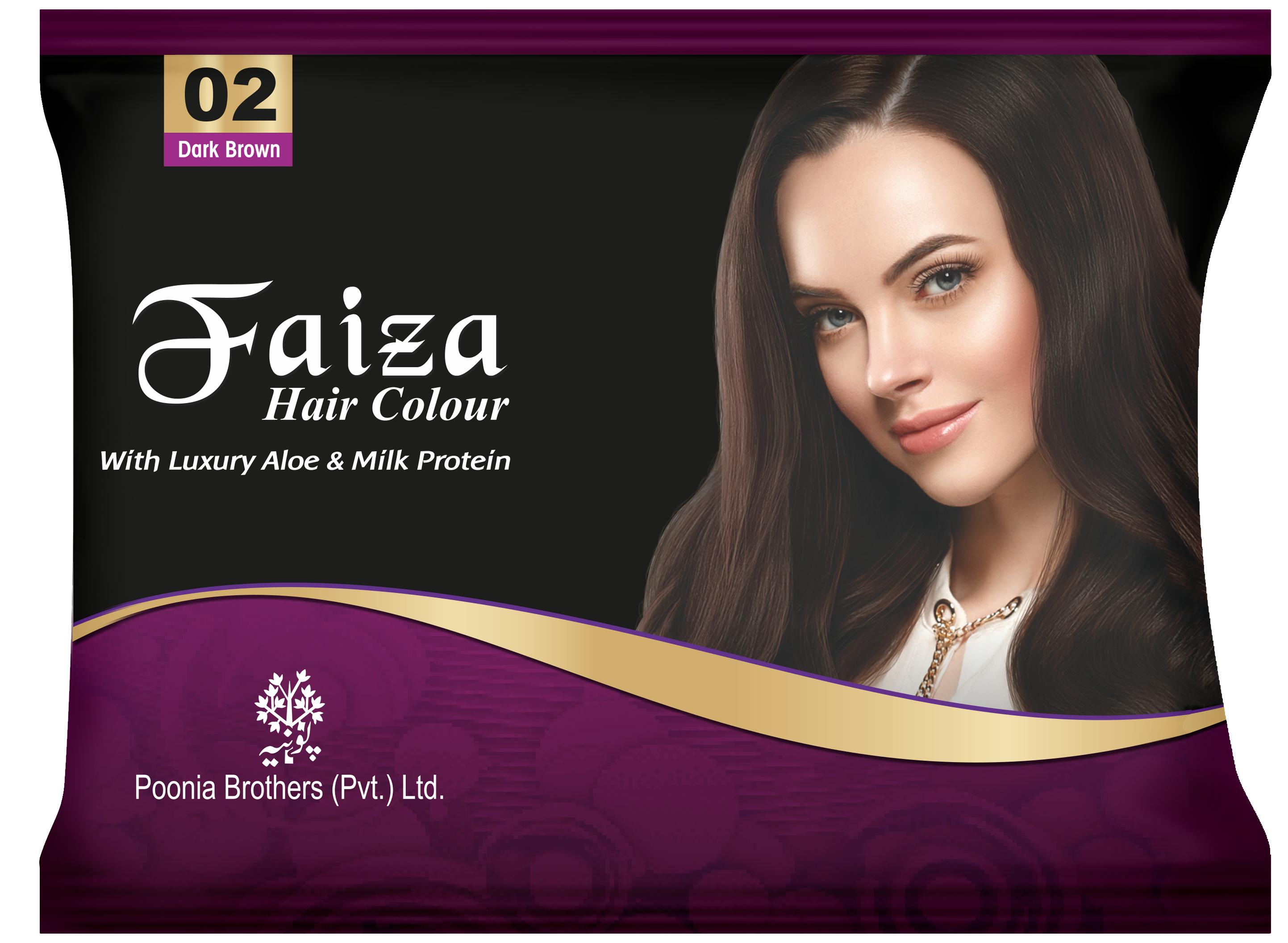 Faiza Hair Color Sachet Pack Dark Brown 02 – convenient single-use sachet hair dye in natural dark brown shade, provides complete grey coverage, long lasting shine, and nourishing professional-quality colour for silky smooth hair at home