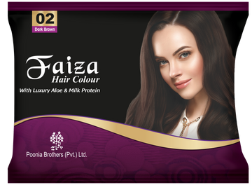 Faiza Hair Color Sachet Pack Dark Brown 02 – convenient single-use sachet hair dye in natural dark brown shade, provides complete grey coverage, long lasting shine, and nourishing professional-quality colour for silky smooth hair at home