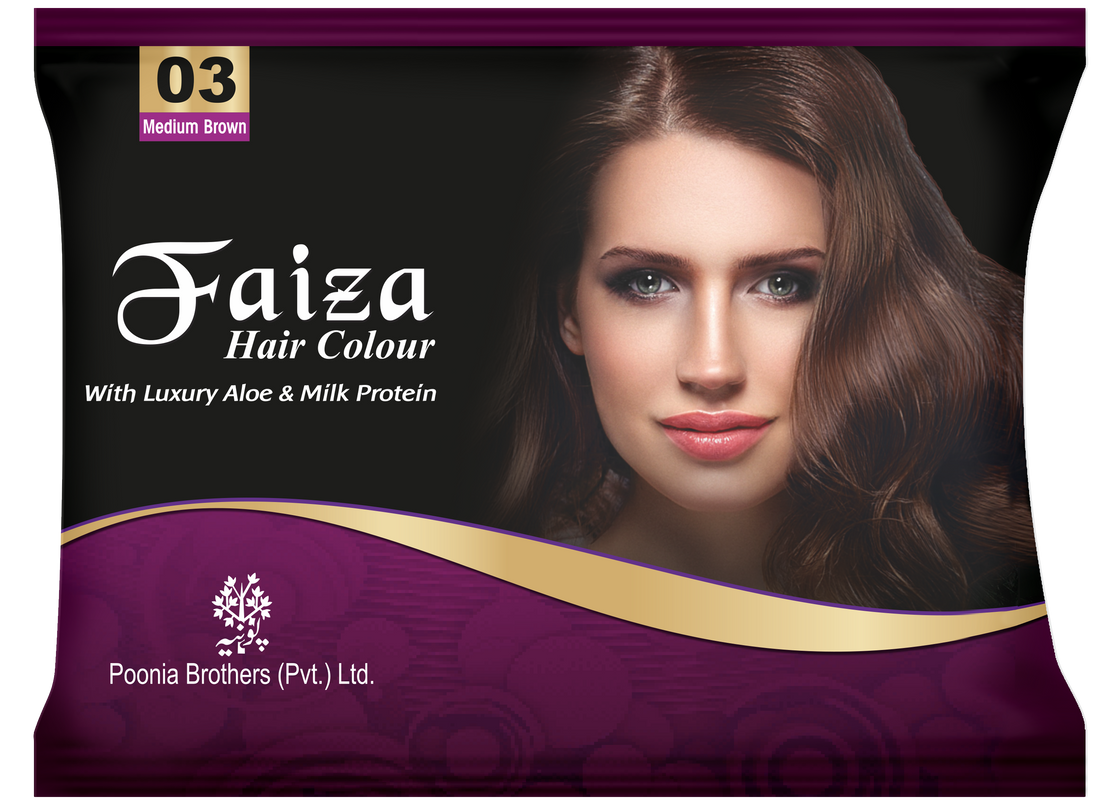 Faiza Hair Color Sachet Pack Medium Brown 03 – single-use convenient hair dye sachet in elegant medium brown shade, provides complete grey coverage, long lasting shine, and nourishing professional-quality colour for silky, smooth, and healthy hair at home