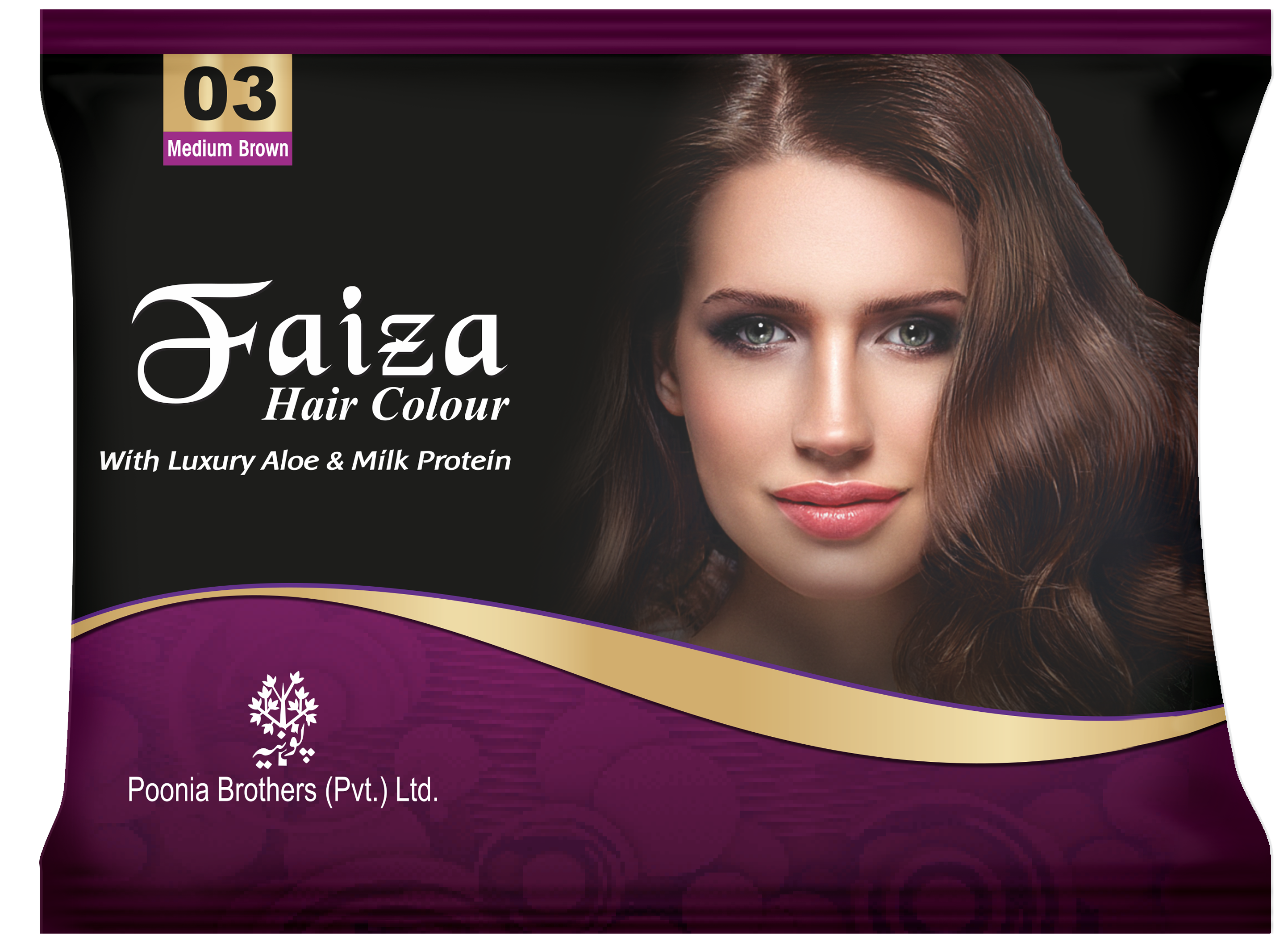 Faiza Hair Color Sachet Pack Medium Brown 03 – single-use convenient hair dye sachet in elegant medium brown shade, provides complete grey coverage, long lasting shine, and nourishing professional-quality colour for silky, smooth, and healthy hair at home