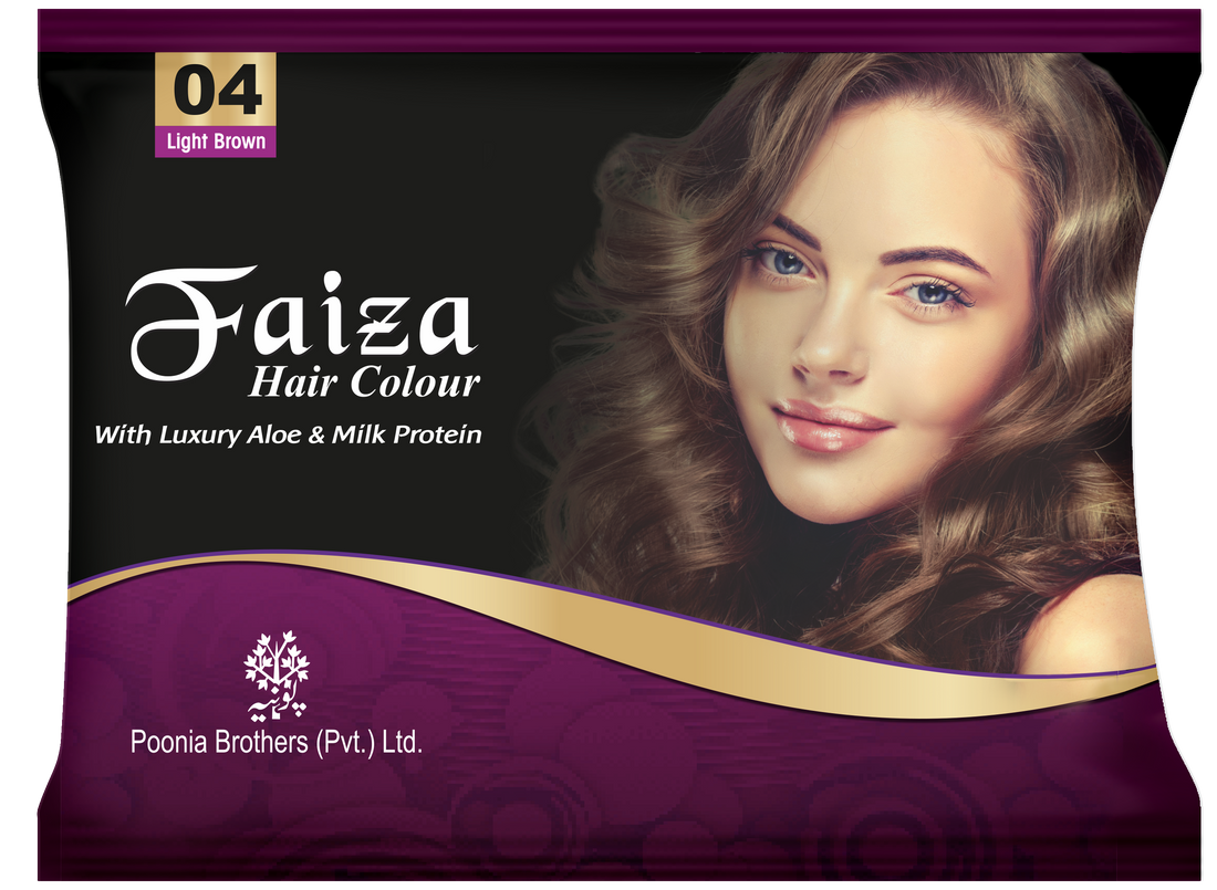 Faiza Hair Color Sachet Pack Light Brown 04 – natural-looking shade with nourishing formula, long-lasting results, and 100% grey coverage.