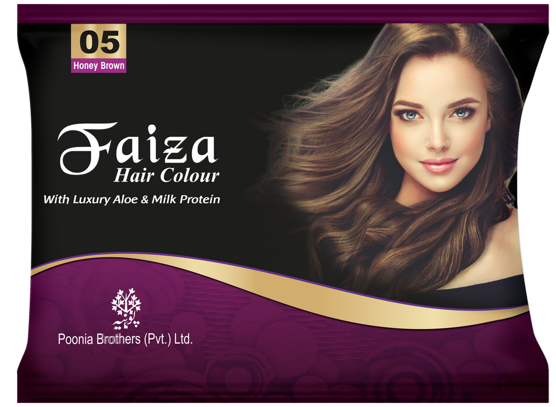 Faiza Hair Color Sachet Pack Honey Brown 05 – vibrant honey brown shade with full grey coverage, long-lasting color, and nourishing formula for soft, shiny hair.