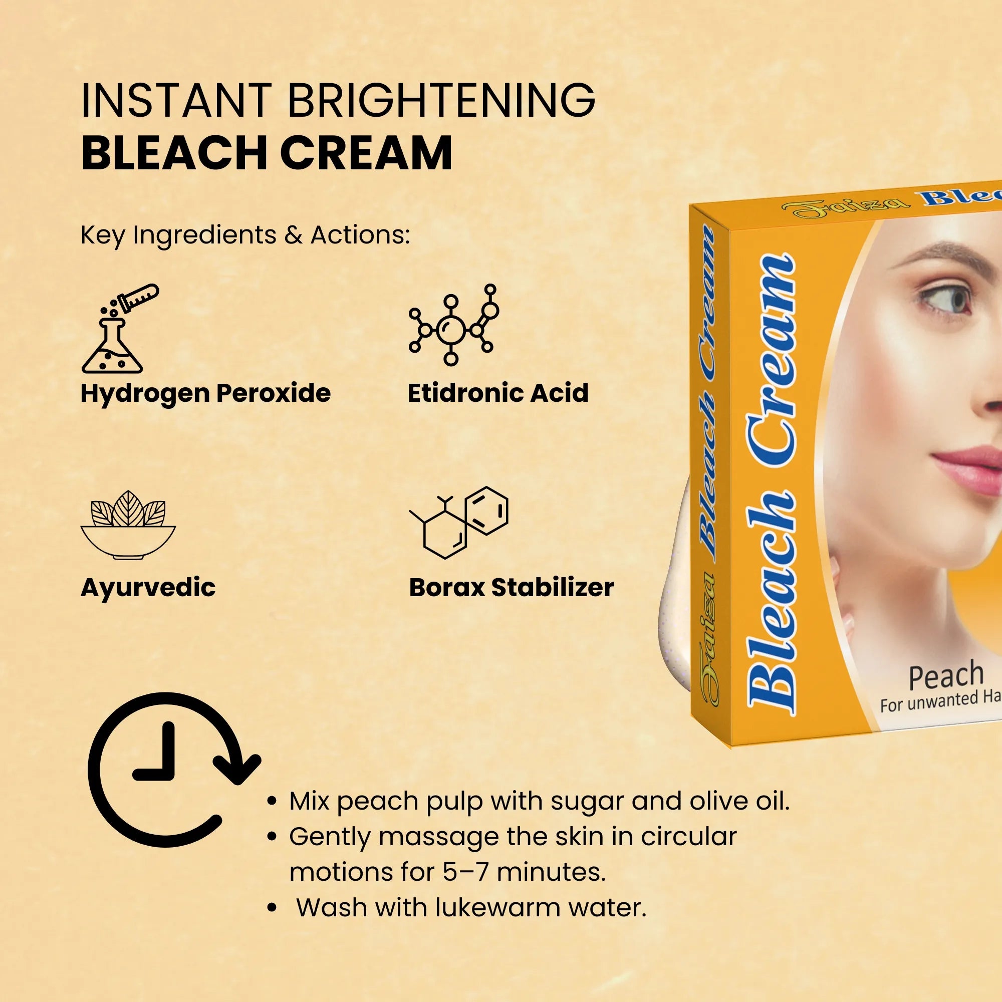 A product graphic showcasing the application steps for a peach bleach cream alongside a product box featuring a woman's clear complexion.