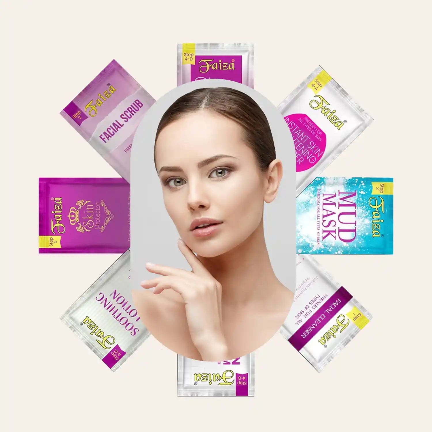 A woman touching her face, surrounded by a circular layout of Faiza facial skincare sachets labeled with step numbers for an instant skin whitening routine.