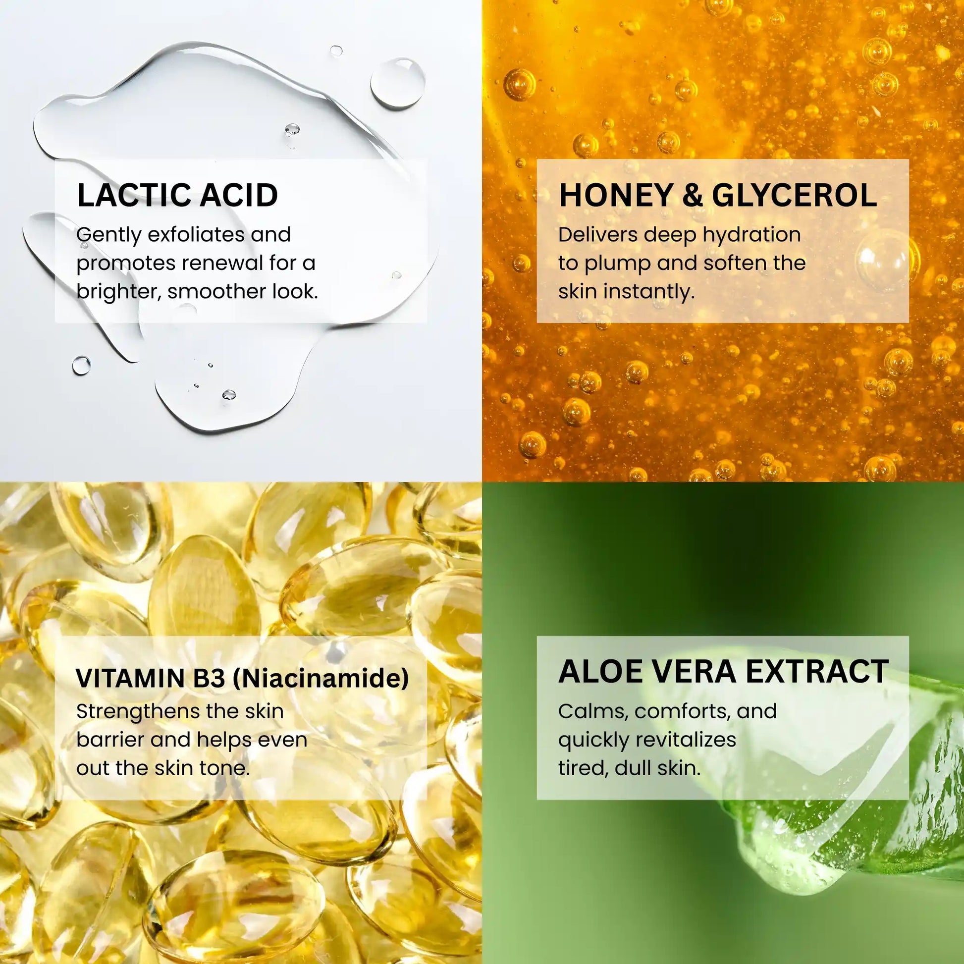An infographic grid detailing the benefits of Lactic Acid, Honey and Glycerol, Vitamin B3 Niacinamide, and Aloe Vera Extract for skin health.