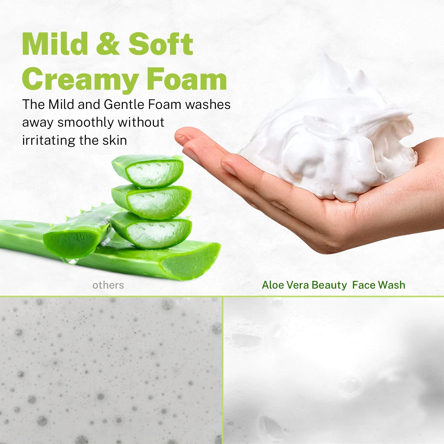 Hand holding the mild and soft creamy foam of Faiza Aloe Vera Face Wash next to aloe cuttings.