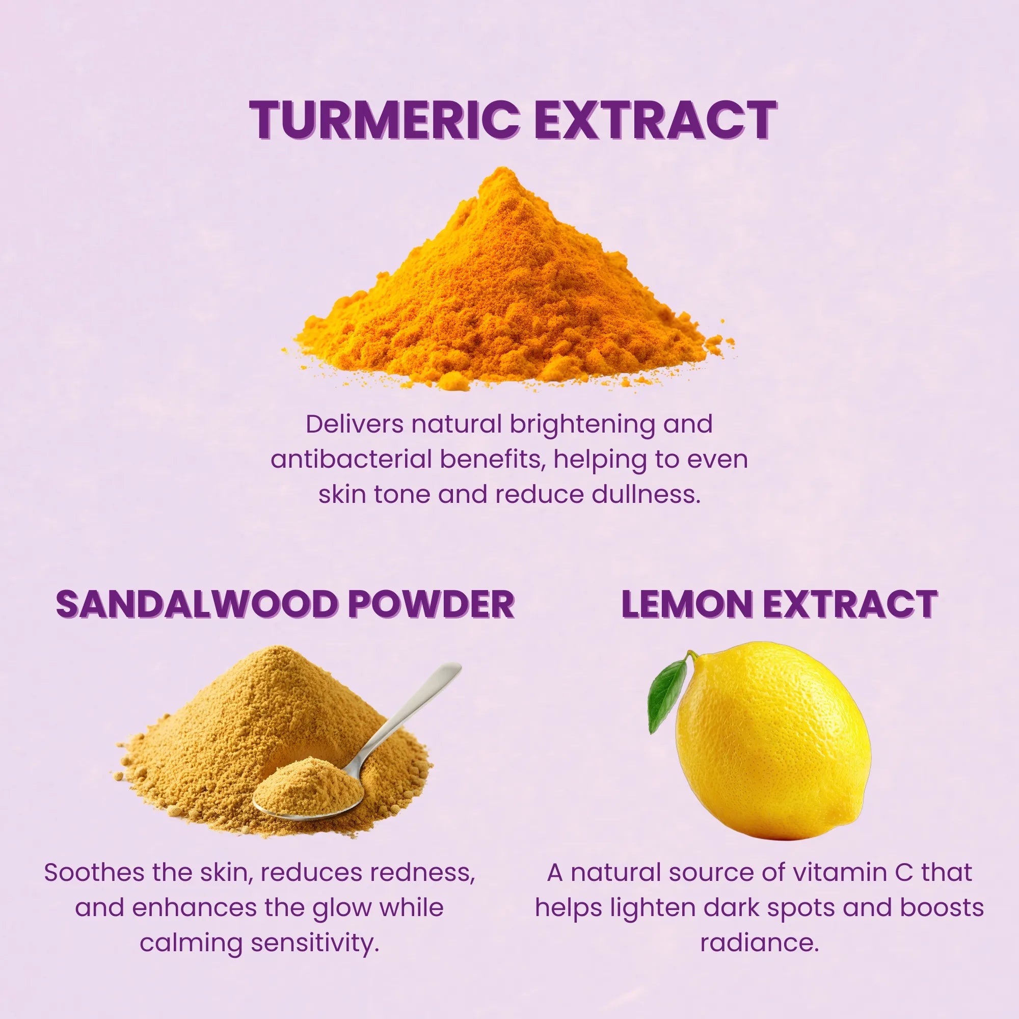 Infographic showing a pile of turmeric, sandalwood powder on a spoon, and a fresh lemon, listing their benefits for evening skin tone and reducing redness.
