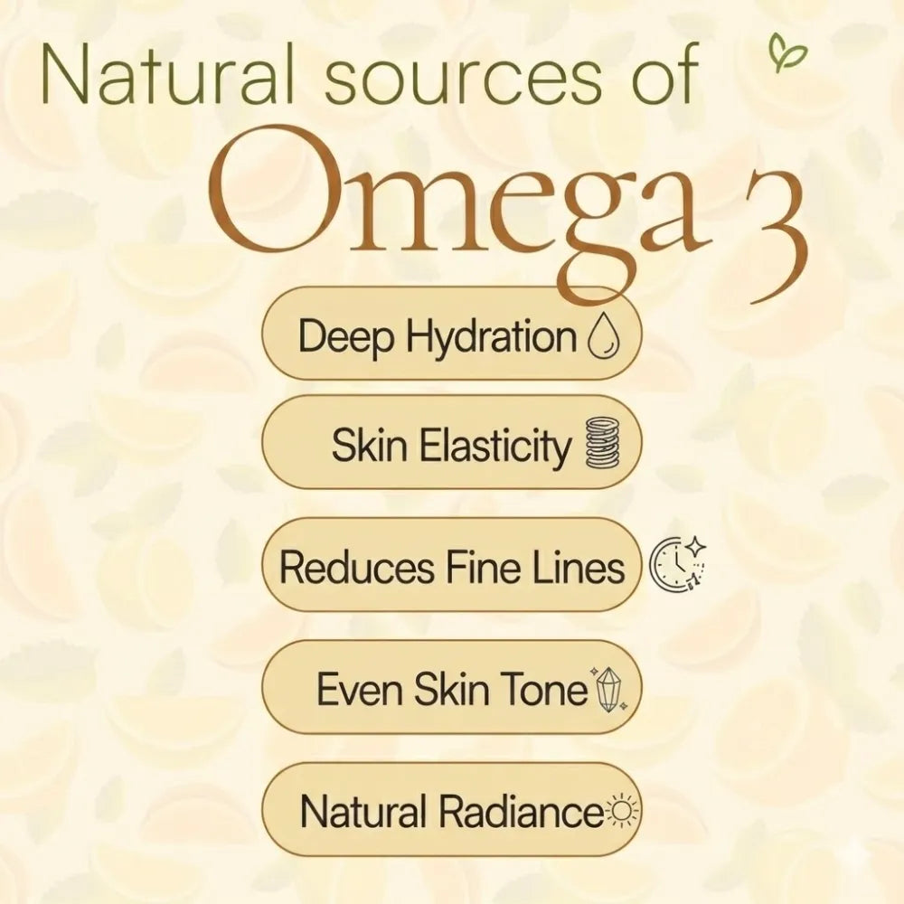 Natural sources of Omega-3 by Faiza Cosmetics providing deep hydration and improved skin elasticity to reduce fine lines and promote a natural radiance and even skin tone