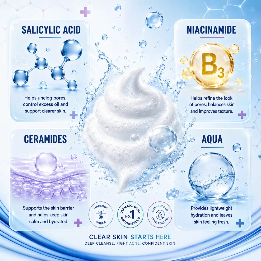 Faiza Acne Resistant Face Wash 100ml tube featuring salicylic acid, niacinamide, and ceramides for clear skin