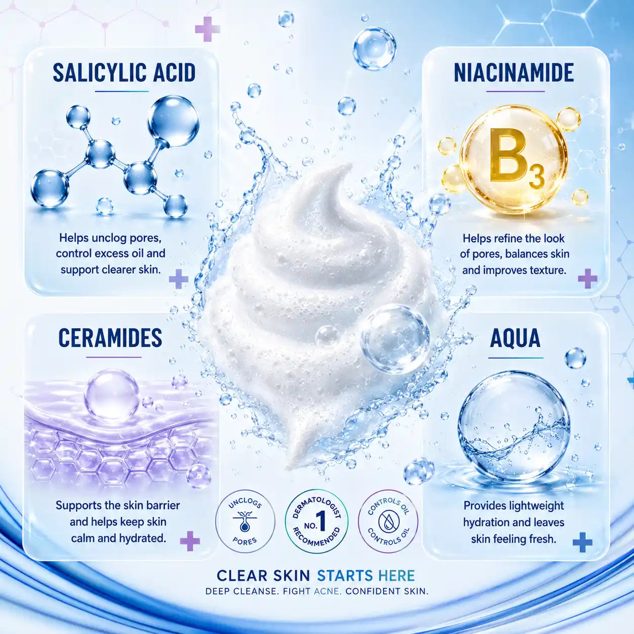Skincare infographic highlighting key active ingredients Salicylic Acid Niacinamide and Ceramides targeting oily and acne prone skin concerns like excess oil recurring acne large pores and blackheads.