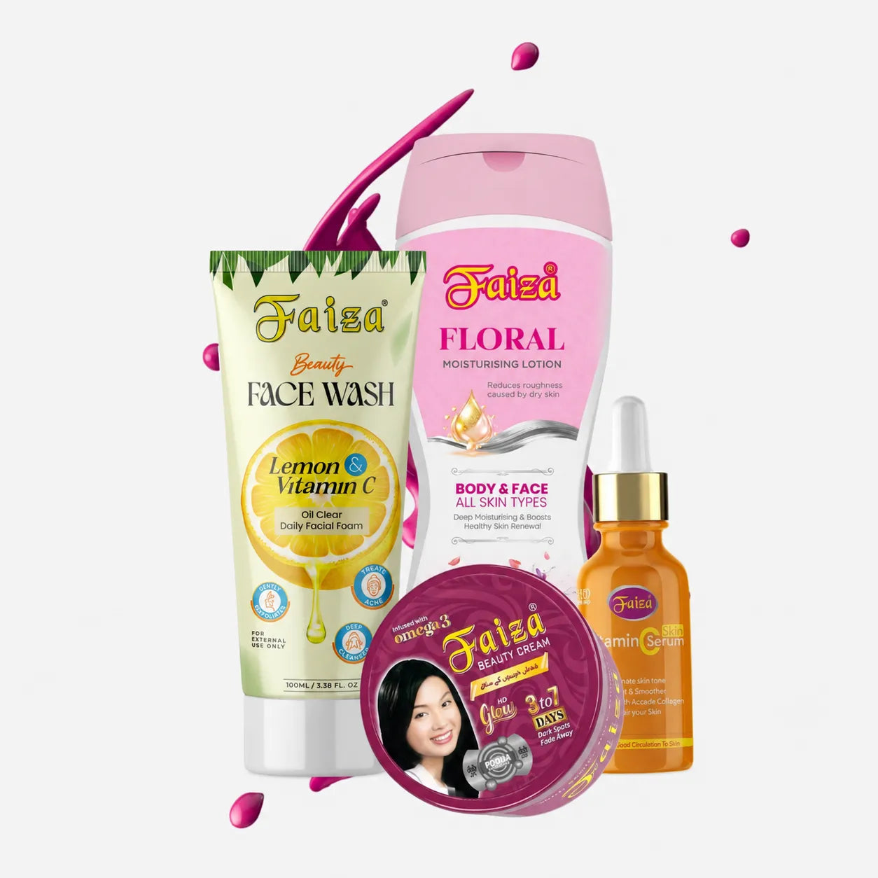 Faiza 4-piece skincare set containing Lemon and Vitamin C Face Wash, Floral Moisturising Lotion bottle, orange Vitamin C Skin Serum dropper, and Faiza Beauty Cream tub for a glowing complexion
