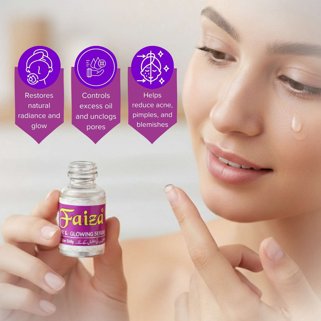 Close-up of Faiza Acne & Glowing Serum mini bottle for external use only and blemish treatment.