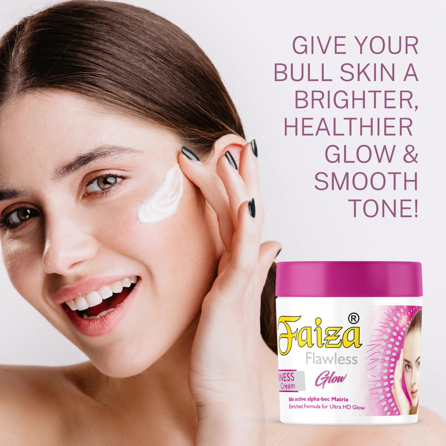 Woman applying Faiza Flawless Glow Cream to give dull skin a brighter, healthier glow and smooth tone.