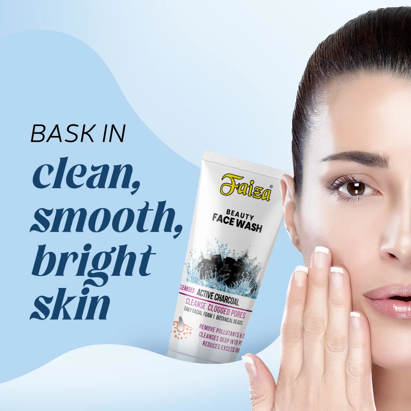 Woman with clean, smooth, bright skin applying Faiza Active Charcoal Face Wash to remove pollutants.